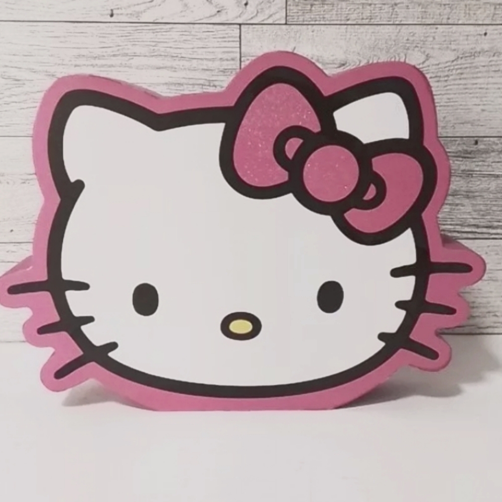 New Hello Kitty Face With Pink Glitter Bow Die Cut Wooden Wood Sign By Sanrio
